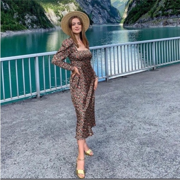 Zara Floral Brown Midi Dress satin square neck - Picture 1 of 5